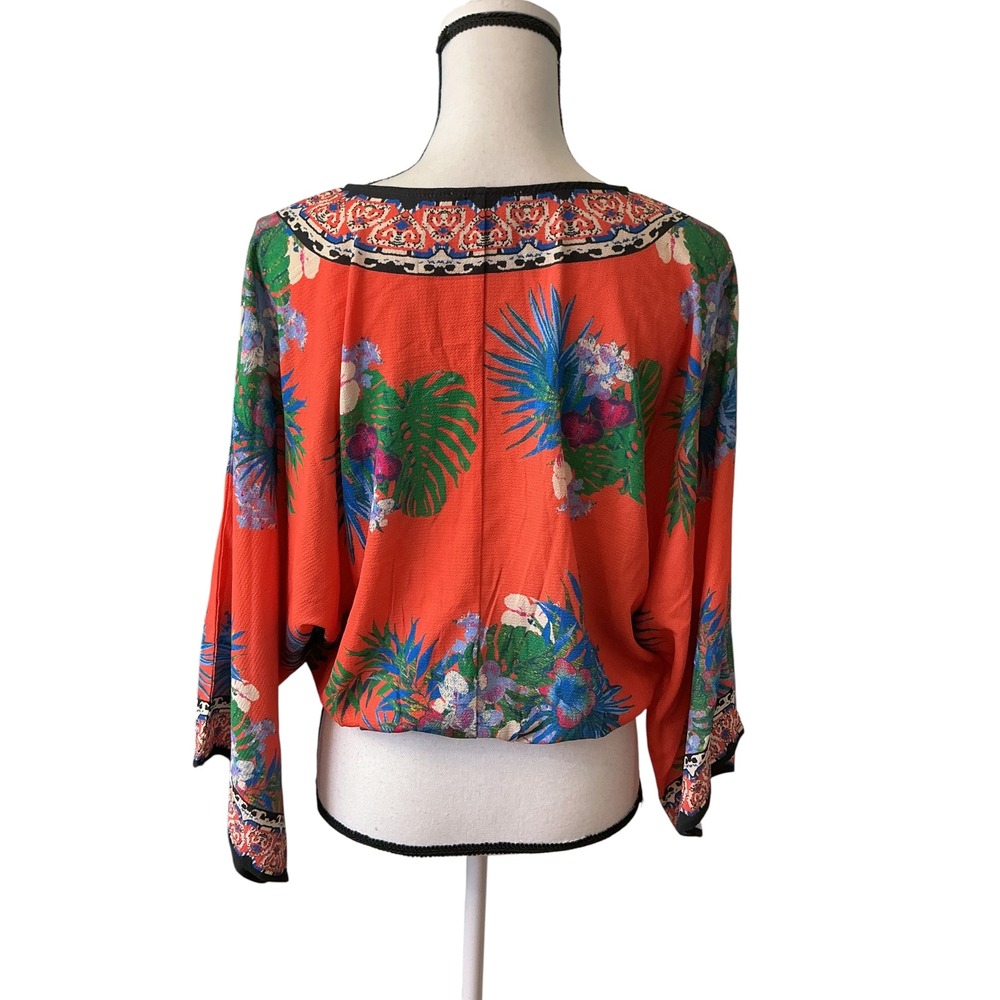 Flying Tomato Orange Tropical Floral Kimono Sleeve Wrap Crop Top IT1010GC-TJ M - Picture 4 of 8